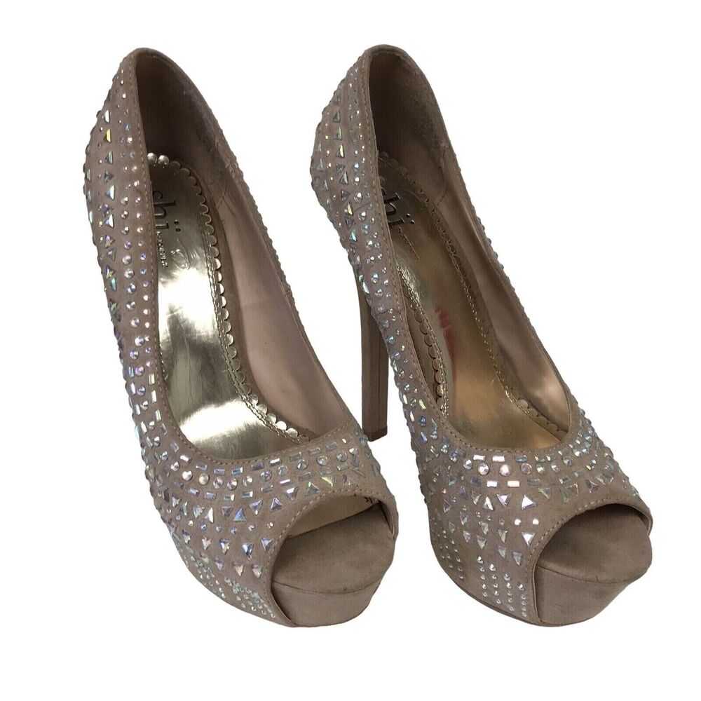 Shi By Journeys Heels Womens 9 M Beige Iridescent Rhinestones